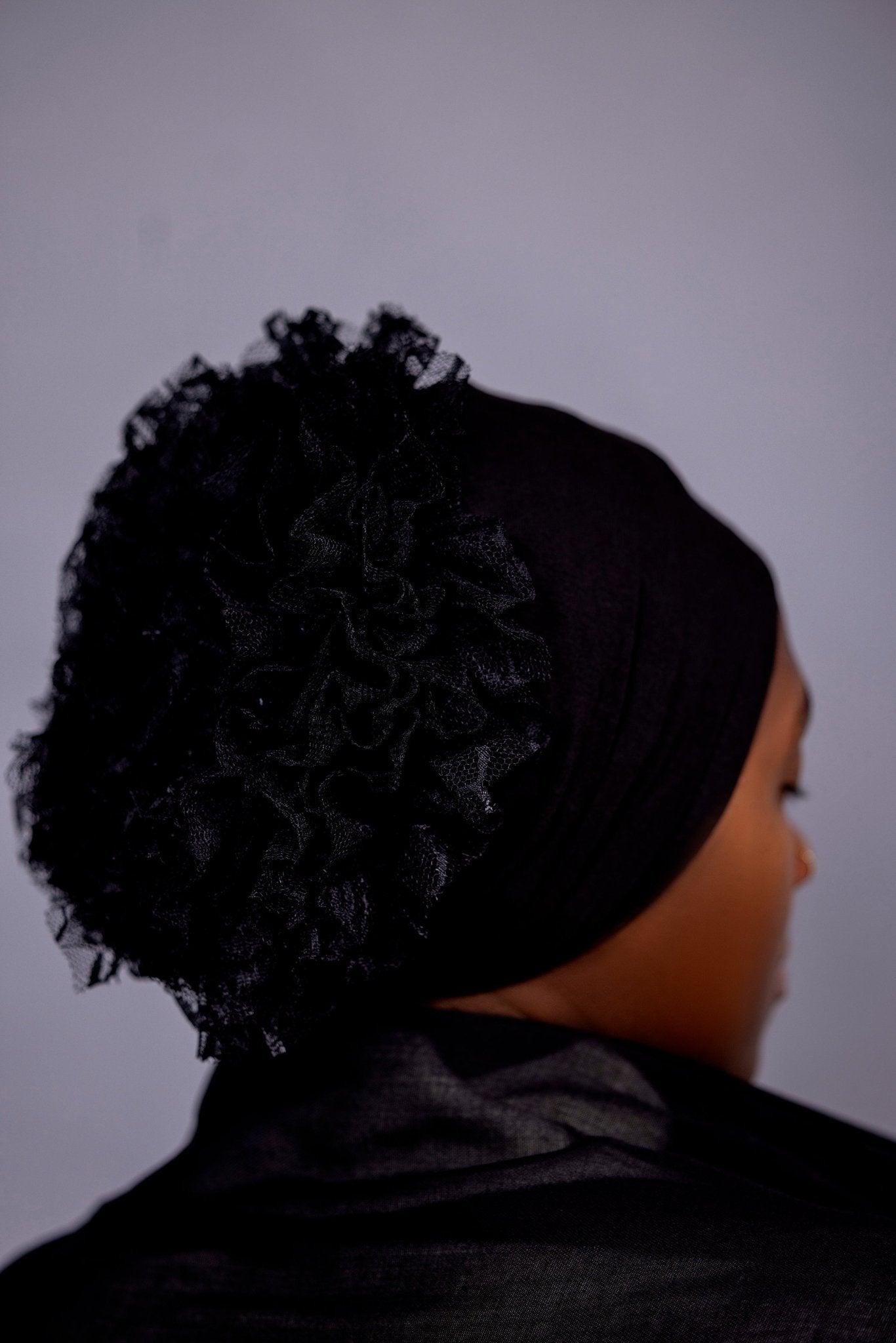 Non-Slip Cotton Hijab under Cap with Built-In Lace Volumizing Scrunchie Classic Black Hals and Sals