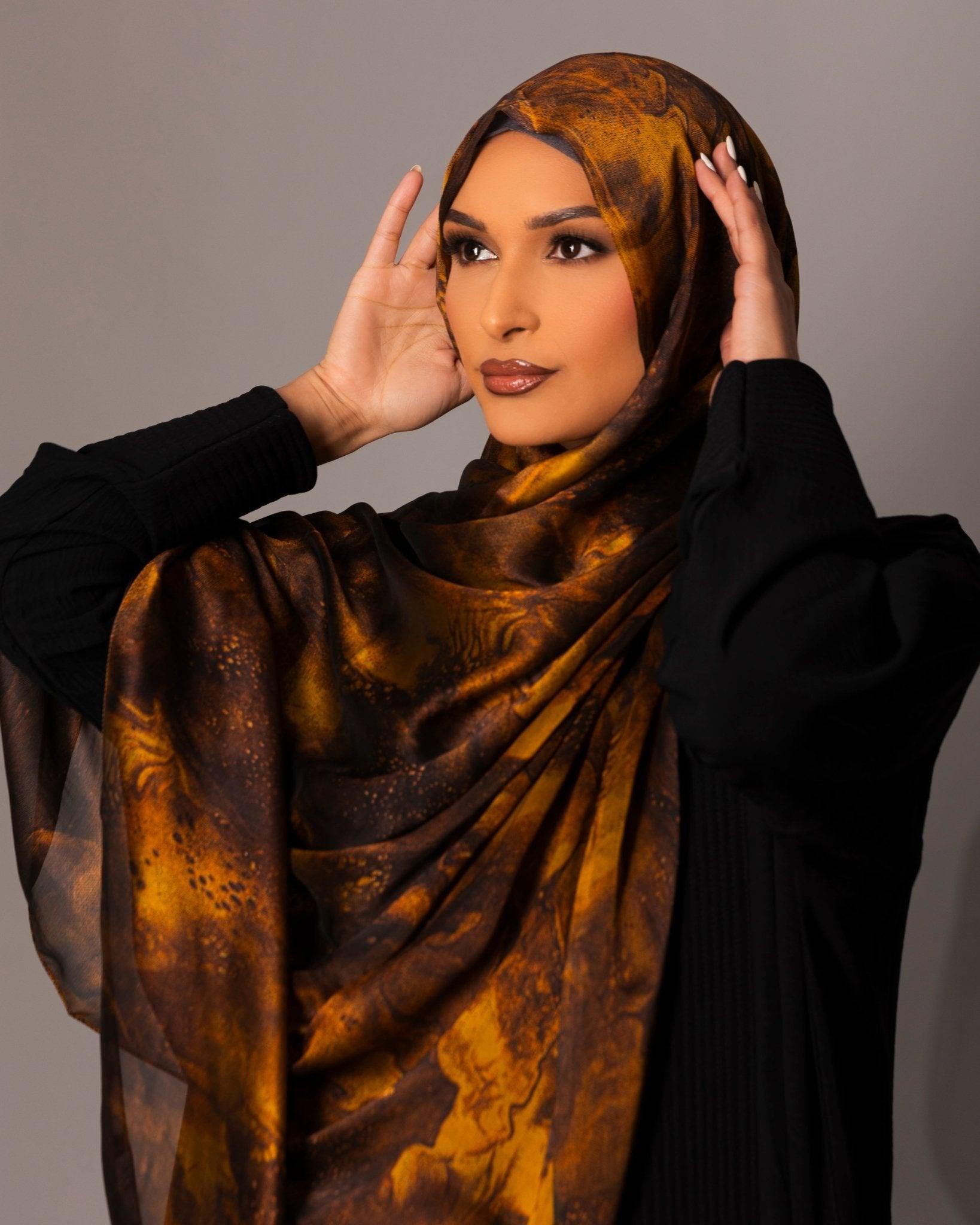 Printed Chiffon Hijab – Marble gold - Hals and Sals