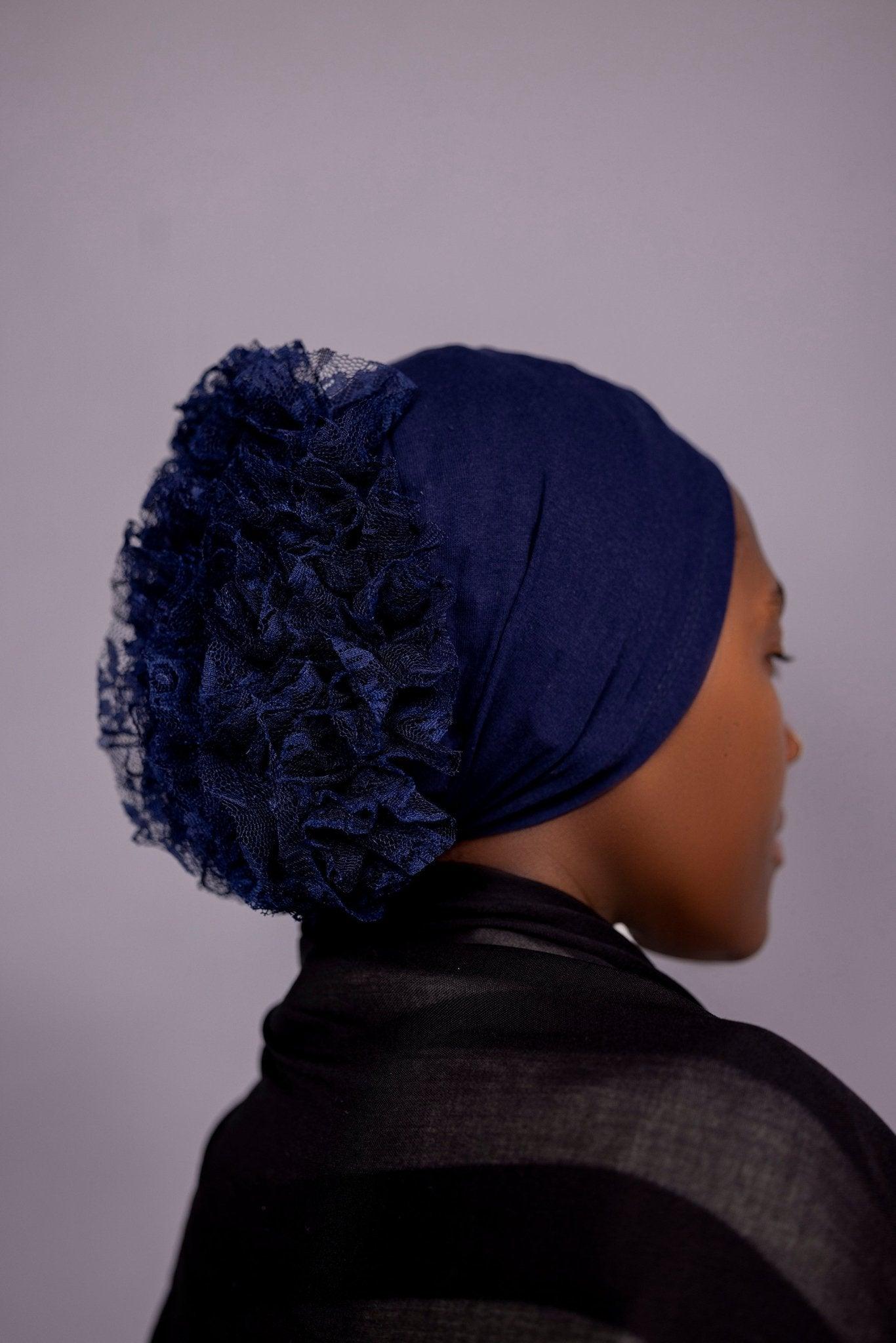 Non - Slip Cotton Hijab under Cap with Built - In Lace Volumizing Scrunchie - Deep Navy - Hals and Sals