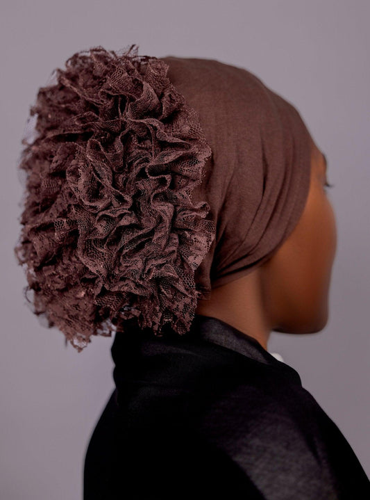 Non - Slip Cotton Hijab under Cap with Built - In Lace Volumizing Scrunchie - Rich Brown - Hals and Sals