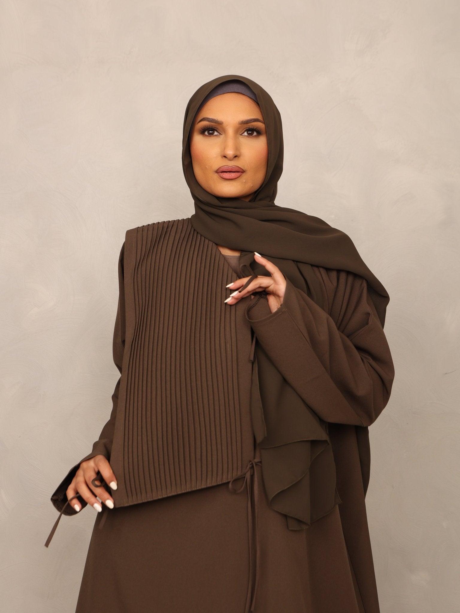 Olive Pleated Overlay Abaya - Hals and Sals