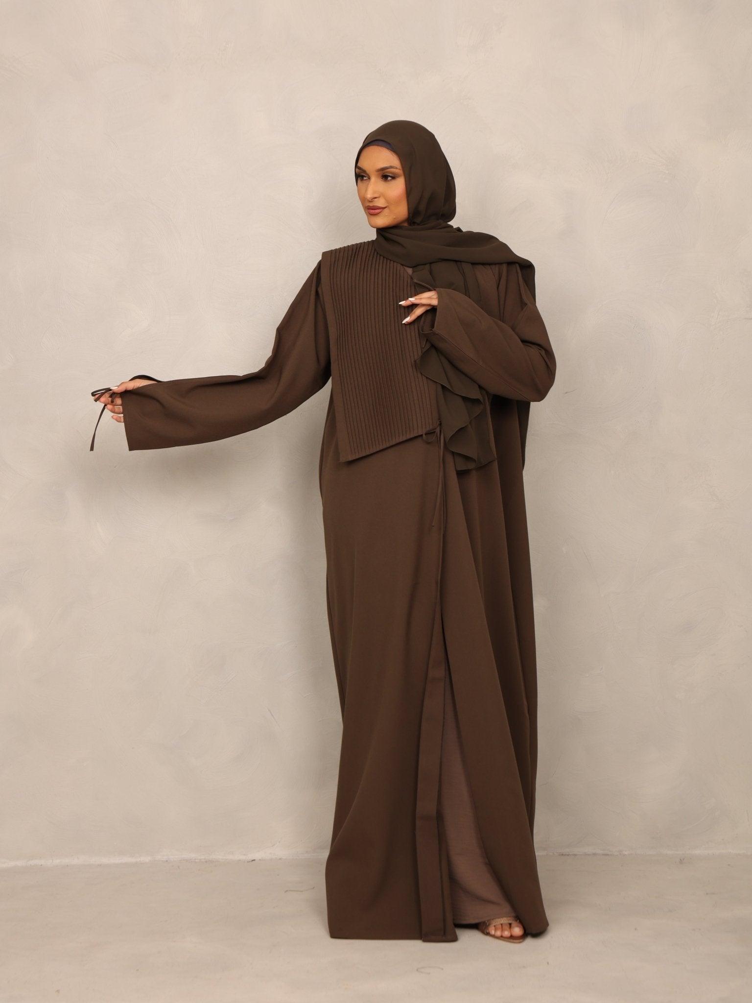 Olive Pleated Overlay Abaya - Hals and Sals