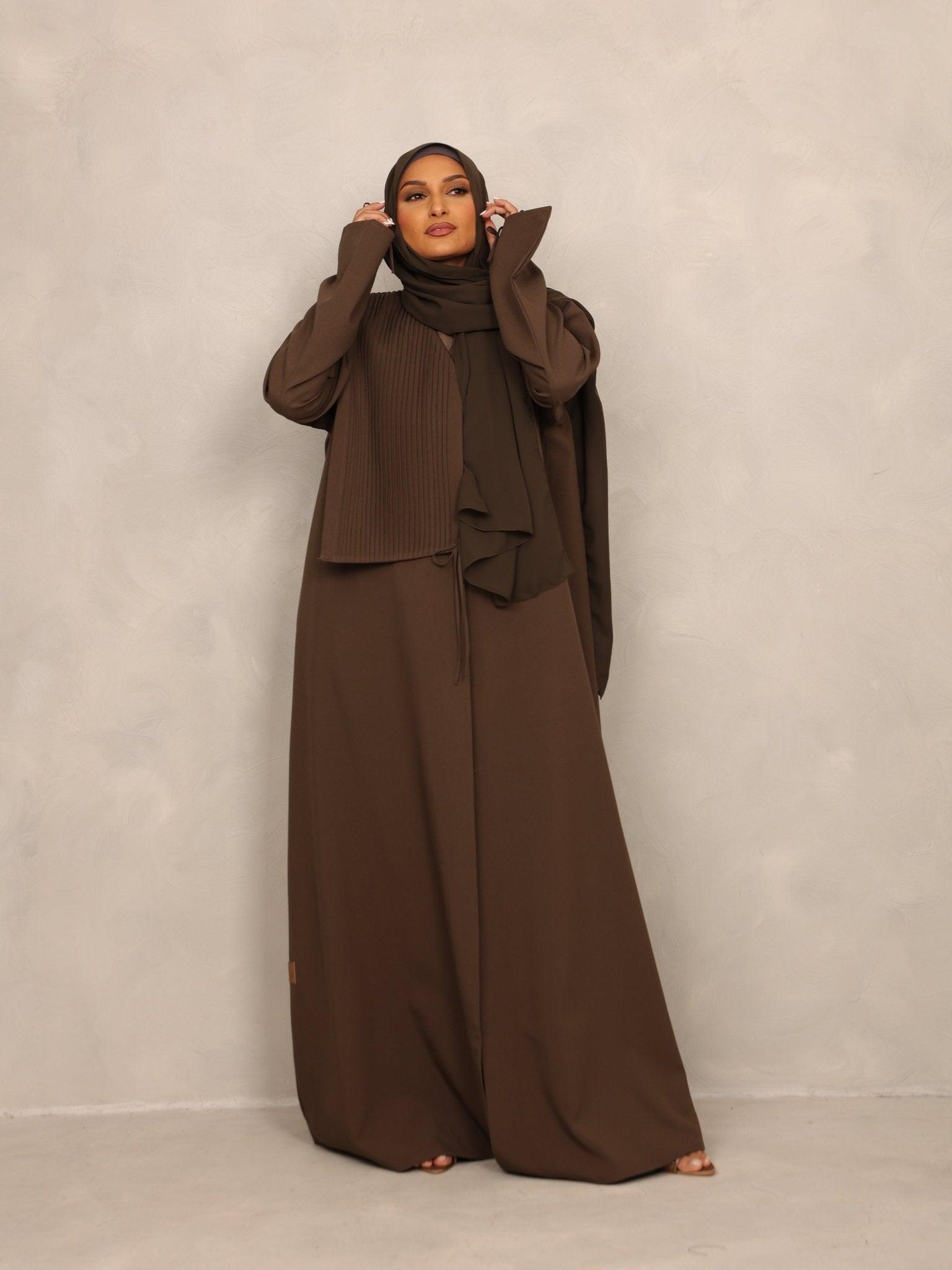 Olive Pleated Overlay Abaya - Hals and Sals